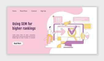 sem målsida platt silhuett vektor mall. internetreklam hemsidans layout. sökoptimeringsstrategier en sida webbgränssnitt med tecknad karaktär. webbbanner, webbsida
