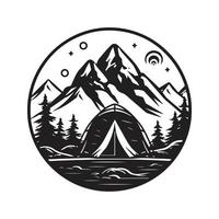 camping, årgång logotyp begrepp svart och vit Färg, hand dragen illustration vektor