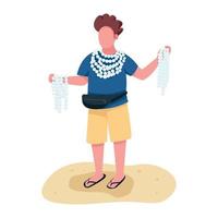 Strandhändler mit gesichtslosem Charakter des flachen Farbvektors der Souvenirs. Mann, der Muschelketten und Armbandzubehör verkauft, isolierte Karikaturillustration für Webgrafikdesign und -animation vektor