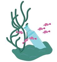 silhuett av en rosa fisk i en flaska. hav förorening begrepp. platt tecknad serie ikon för din design. vektor illustration isolerat på vit bakgrund.