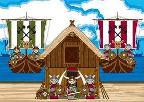 tecknad serie viking krigare på de strand med långbåtar Nordisk historia illustration vektor