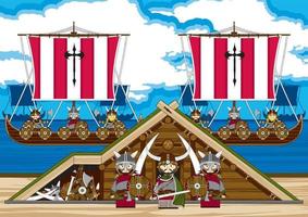 Karikatur Wikinger Krieger auf das Strand mit Langboote nordisch Geschichte Illustration vektor