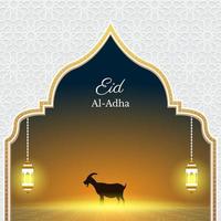 eid al Adha bakgrund i vit och guld Färg med islamic mönster dekoration, får och lykta. islamic vektor illustration