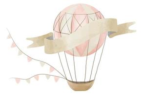 vattenfärg rosa varm luft ballong med korg och vimplar. hand dragen illustration för unge design i pastell färger på isolerat bakgrund. årgång flygplan för bebis dusch hälsning kort vektor