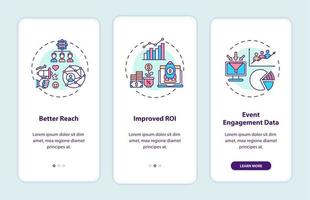 Hybrid-Event-Vorteile beim Onboarding des Bildschirms der mobilen App-Seite mit Konzepten vektor