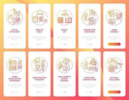 Tipps zur Selbstentwicklung Red Onboarding Mobile App-Seitenbildschirm mit festgelegten Konzepten vektor