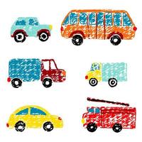 uppsättning av primitiv bilar i barn stil. enkel barn illustration hand dragen förbi crayola eller pennor vektor