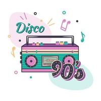 Rosa Musik- Spieler mit Farbe Licht Lautsprecher und Kassette. Clip Art von retro Band Recorder, Anmerkungen, Text Disko 90er. Vektor Karikatur eben Illustration zum Banner, Poster, Startseite