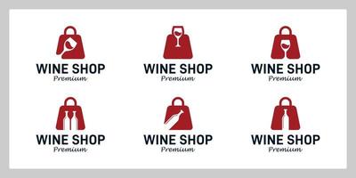 einstellen von Wein Glas Geschäft Logo Design Vorlage mit Einkaufen Tasche, Wein Flasche Grafik Design Illustration. Symbol, Symbol, kreativ. vektor