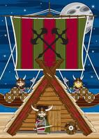tecknad serie viking krigare på de strand med långbåtar Nordisk historia illustration vektor