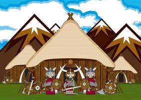 söt tecknad serie viking krigare på hemman Nordisk historia illustration vektor