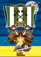 tecknad serie viking krigare på de strand med barkass Nordisk historia illustration vektor
