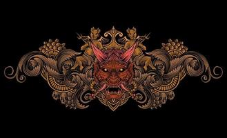 Vektor Illustration. unheimlich japanisch Dämon Maske mit Jahrgang Gravur Ornament Stil perfekt zum Ihre Geschäft und t Hemd Fan-Shop
