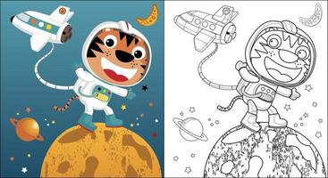 rolig tiger tecknad serie i astronaut kostym med skyttel, Plats element illustration, färg bok eller sida vektor