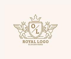 första ol brev lejon kunglig lyx heraldisk, vapen logotyp mall i vektor konst för restaurang, kungligheter, boutique, Kafé, hotell, heraldisk, Smycken, mode och Övrig vektor illustration.