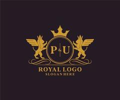 första pu brev lejon kunglig lyx heraldisk, vapen logotyp mall i vektor konst för restaurang, kungligheter, boutique, Kafé, hotell, heraldisk, Smycken, mode och Övrig vektor illustration.