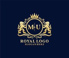 anfängliche mu-Buchstabe Lion Royal Luxury Logo-Vorlage in Vektorgrafiken für Restaurant, Lizenzgebühren, Boutique, Café, Hotel, heraldisch, Schmuck, Mode und andere Vektorillustrationen. vektor