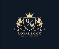 första qw brev lejon kunglig lyx heraldisk, vapen logotyp mall i vektor konst för restaurang, kungligheter, boutique, Kafé, hotell, heraldisk, Smycken, mode och Övrig vektor illustration.