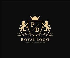 första pd brev lejon kunglig lyx heraldisk, vapen logotyp mall i vektor konst för restaurang, kungligheter, boutique, Kafé, hotell, heraldisk, Smycken, mode och Övrig vektor illustration.