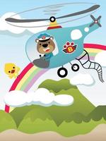 Vektor Karikatur von süß Bär Fahren Hubschrauber auf Himmel Objekte Hintergrund, Vogel Barsch auf Regenbogen