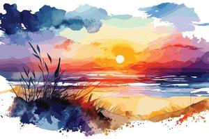 Aquarell Sonnenuntergang beim das Strand Illustration zum Sozial Medien Anzeigen, Poster, Banner, und Buch Abdeckungen Design vektor