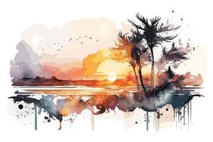 Aquarell Sonnenuntergang beim das Strand Illustration zum Sozial Medien Anzeigen, Poster, Banner, und Buch Abdeckungen Design vektor