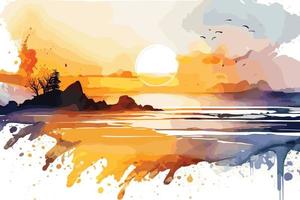 vattenfärg solnedgång på de strand illustration för social media annonser, affischer, banderoller, och bok omslag design vektor