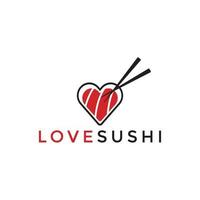 Sushi rollen mit Herz gestalten Lachs und Liebe Sushi Text. Vektor Illustration zum Logo Design