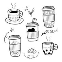 uppsättning av te och kaffe vektor illustration i annorlunda behållare med svart hand dragen stil isolerat på vit bakgrund