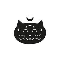 trollhårig svart katt karaktär med måne, lummig grenar, stjärnor. vektor