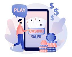 internet kasino och hasardspel begrepp. mycket liten man gaming uppkopplad spel på smartphone. människor spela uppkopplad poker. modern platt tecknad serie stil. vektor illustration