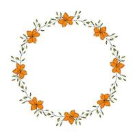 krans runda ram med klotter orange blommor hand ritade, teckning kontur blommig. vektor