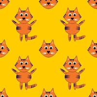 sömlös mönster, hand teckning tiger, randig katt på de gul bakgrund, vektor illustration