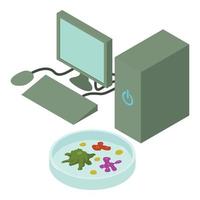 Labor Forschung Symbol isometrisch Vektor. Computer und Petri Gericht mit Mikroorganismus vektor