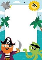 Pirat Party Gruß Karte Vorlage mit süß Kapitän, Marine Landschaft und Palme Bäume. Schatz Insel Vertikale Poster oder Einladung zum Kinder. hell Meer Urlaub Illustration mit Platz zum Text vektor