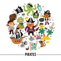 Vektor Pirat runden Rahmen mit Piraten, Schiff und Tiere. Schatz Insel Karte Vorlage oder Marine Party Design zum Banner, Einladungen. süß Meer Abenteuer Illustration mit Krake, Meerjungfrau, Papagei