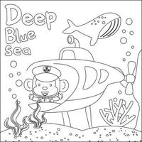Vektor Illustration von wenig Tier Fahren U-Boot mit Karikatur Stil, kindisch Design zum Kinder Aktivität Färbung Buch oder Buchseite.