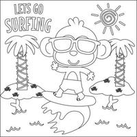 Vektor Illustration von Surfen Zeit mit süß wenig Tier beim Sommer- Strand. kindisch Design zum Kinder Aktivität Färbung Buch oder Buchseite.