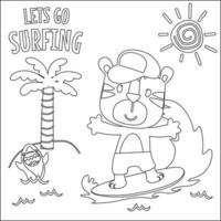 Vektor Illustration von Surfen Zeit mit süß wenig Tier beim Sommer- Strand. kindisch Design zum Kinder Aktivität Färbung Buch oder Buchseite.