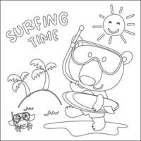 Vektor Illustration von süß wenig Tier mit ein Surfbrett, kindisch Design zum Kinder Aktivität Färbung Buch oder Buchseite.