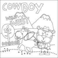 vektor illustration av söt djur- cowboy med lasso och och häst. barnslig design för barn aktivitet färg bok eller sida.