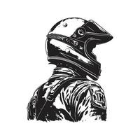 Mann mit voll Gesicht Moto-Cross Helm, Jahrgang Logo Konzept schwarz und Weiß Farbe, Hand gezeichnet Illustration vektor