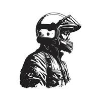 Mann mit voll Gesicht Moto-Cross Helm, Jahrgang Logo Konzept schwarz und Weiß Farbe, Hand gezeichnet Illustration vektor