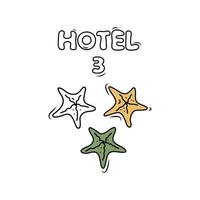 3 stjärnor betyg hotell, service. hand dragen skissat bild med ett sjöstjärna. klotter tecknad serie illustration på vit bakgrund vektor