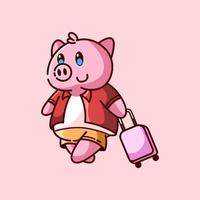 söt gris reser med resväska vektor