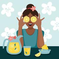 Frau bereitet vor Limonade. glücklich Mädchen mit Zitronen. gesund Essen und Leben. vektor