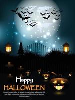 lycklig halloween skräckbakgrund med nattscen och glödande pumpa vektor