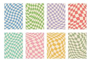 retro einstellen von groovig wellig psychedelisch Schachbrett im blass Pastell- Farben, a4. j2k, Telefon Fall Hintergrund von das 90er. Hippie Schachbrett Vorlage. psychedelisch retro Design von das 60er Jahre 70er. Gingham. vektor