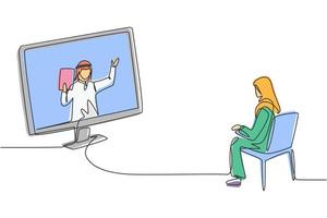 kontinuerlig en rad ritning hijab kvinnlig student sitter och studerar och stirrar på skärmen och inuti laptop finns en manlig arabisk föreläsare som undervisar. enda design vektorgrafisk illustration vektor