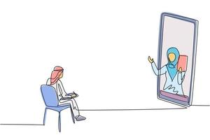 Kontinuierliche einzeilige Zeichnung arabischer männlicher Student, der sitzt und auf den Bildschirm starrt, und im Inneren des Laptops befindet sich eine Hijab-Dozentin, die unterrichtet. einzelne Design-Vektorgrafik-Illustration vektor
